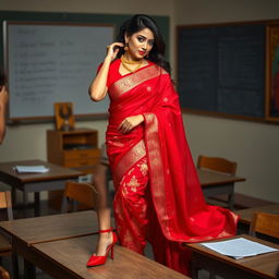 a voluptuous and alluring Thai teacher with a captivating figure, adorned in a traditional muga and red mekhela chadar, paired with a red blouse and high heels, posed elegantly on a classroom table