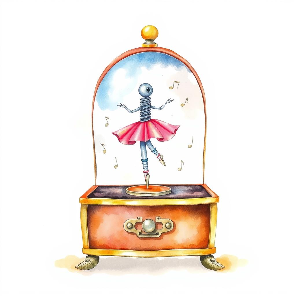 A whimsical music box featuring a screw spinning gracefully in place of the traditional ballerina, depicted in a watercolor illustration on a blank canvas