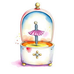 A whimsical music box featuring a screw spinning gracefully in place of the traditional ballerina, depicted in a watercolor illustration on a blank canvas