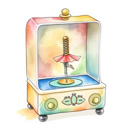 A whimsical music box featuring a screw spinning gracefully in place of the traditional ballerina, depicted in a watercolor illustration on a blank canvas