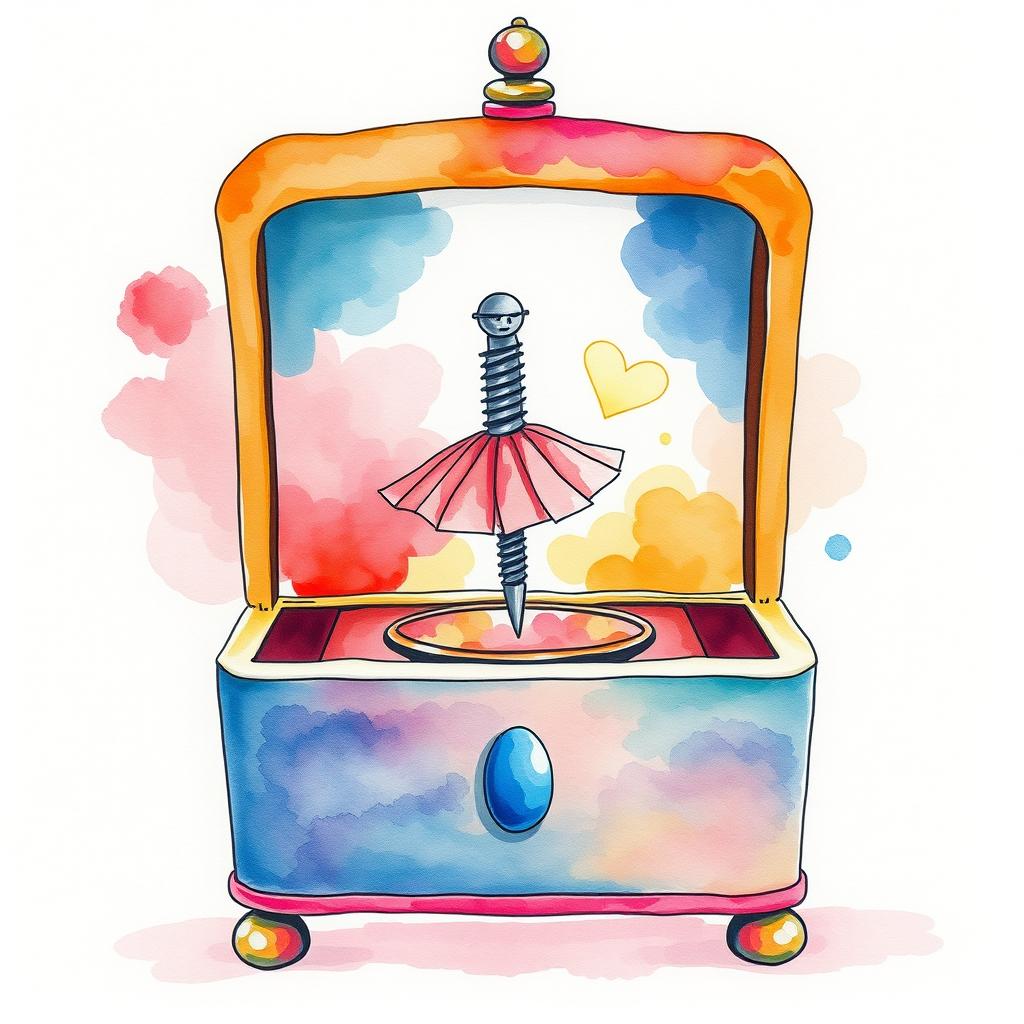 A whimsical music box featuring a screw spinning gracefully in place of the traditional ballerina, depicted in a watercolor illustration on a blank canvas