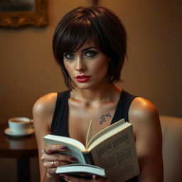 A sensual woman with short hair holding a book in her hand