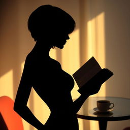 A silhouette of a sensual woman with short hair holding a book in her hand