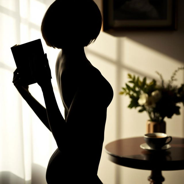 A silhouette of a sensual woman with short hair holding a book in her hand