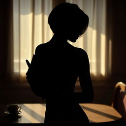 A silhouette of a sensual woman with short hair holding a book in her hand