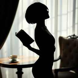 A silhouette of a sensual woman with short hair holding a book in her hand