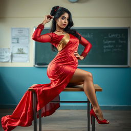 a sensual and powerful Thai woman with a voluptuous figure, adorned in a stunning muga and red mekhela chadar, paired with a red blouse and high heels