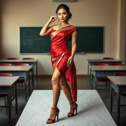 a sensual and powerful Thai woman with a voluptuous figure, adorned in a stunning muga and red mekhela chadar, paired with a red blouse and high heels