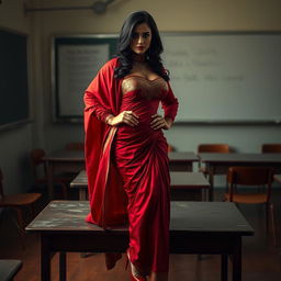 a sensual and powerful Thai woman with a voluptuous figure, adorned in a stunning muga and red mekhela chadar, paired with a red blouse and high heels