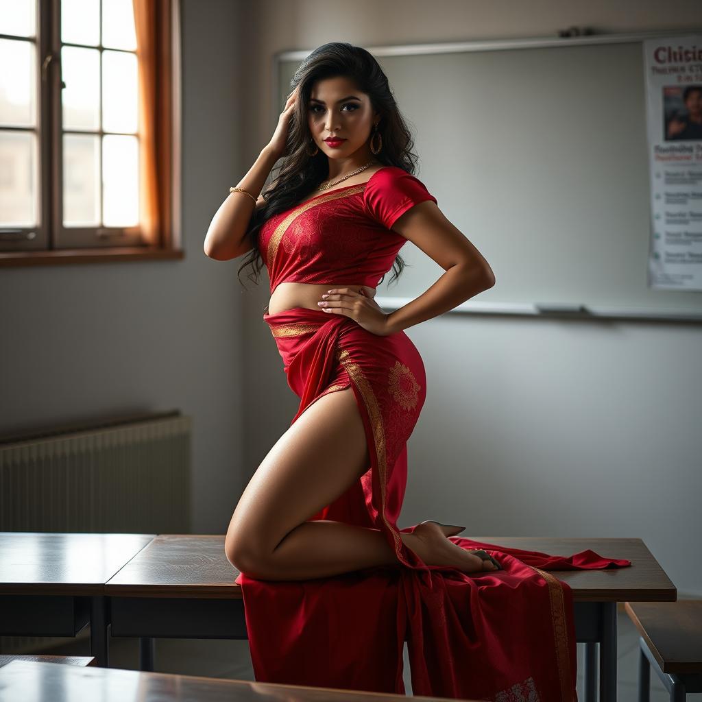 a sensual and powerful Thai woman with a voluptuous figure, adorned in a stunning muga and red mekhela chadar, paired with a red blouse and high heels