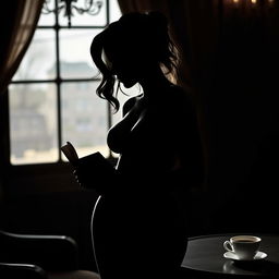 silhouette of a sensual woman with pointed breasts, holding a book in her hand, set against a background featuring a table with a cup of coffee