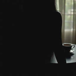 silhouette of a sensual woman with pointed breasts, holding a book in her hand, set against a background featuring a table with a cup of coffee