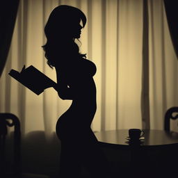 silhouette of a sensual woman with pointed breasts, holding a book in her hand, set against a background featuring a table with a cup of coffee