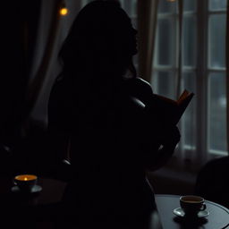 silhouette of a sensual woman with pointed breasts, holding a book in her hand, set against a background featuring a table with a cup of coffee