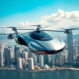 Professional photography of a futuristic flying car with multiple propellers, soaring through the sky over the iconic skyline of Hong Kong