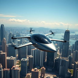 Professional photography of a futuristic flying car with multiple propellers, soaring through the sky over the iconic skyline of Hong Kong