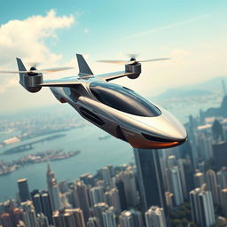 Professional photography of a futuristic flying car with multiple propellers, soaring through the sky over the iconic skyline of Hong Kong