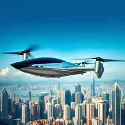 Professional photography of a futuristic flying car with multiple propellers, soaring through the sky over the iconic skyline of Hong Kong