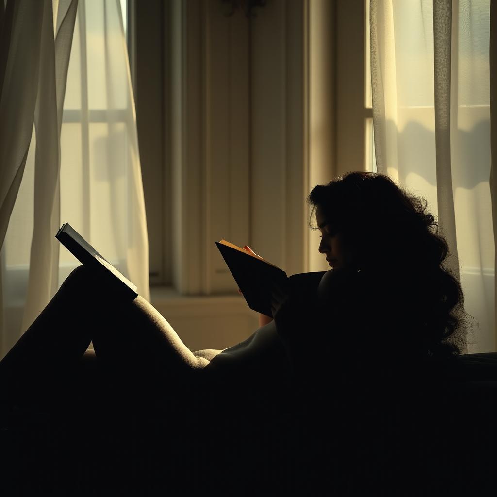 silhouette of a sensual woman lying down, reading a book, in a peaceful and introspective setting, enhanced by soft ambient lighting