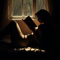 silhouette of a sensual woman lying down, reading a book, in a peaceful and introspective setting, enhanced by soft ambient lighting