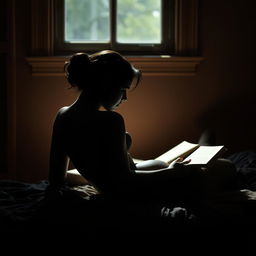 silhouette of a sensual woman lying down, reading a book, in a peaceful and introspective setting, enhanced by soft ambient lighting