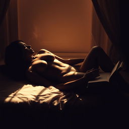 silhouette of a sensual woman lying down, reading a book, in a peaceful and introspective setting, enhanced by soft ambient lighting