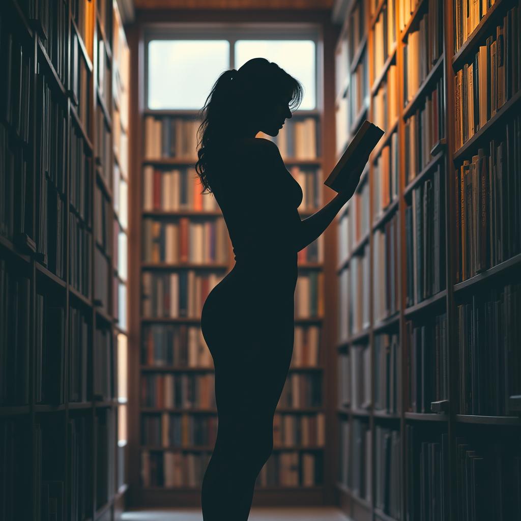 A sensual silhouette of a woman standing, selecting a book in her library