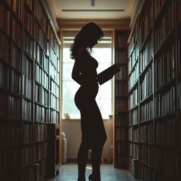 A sensual silhouette of a woman standing, selecting a book in her library