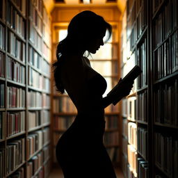 A sensual silhouette of a woman standing, selecting a book in her library