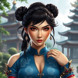 A stunningly beautiful depiction of Chun-Li, with her iconic blue qipao dress, spiked bracelets, and hair styled in two traditional buns