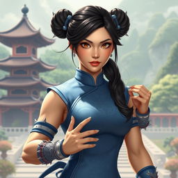 A stunningly beautiful depiction of Chun-Li, with her iconic blue qipao dress, spiked bracelets, and hair styled in two traditional buns