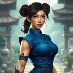 A stunningly beautiful depiction of Chun-Li, with her iconic blue qipao dress, spiked bracelets, and hair styled in two traditional buns