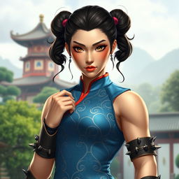 A stunningly beautiful depiction of Chun-Li, with her iconic blue qipao dress, spiked bracelets, and hair styled in two traditional buns