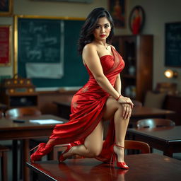 a seductive and captivating Thai teacher with a voluptuous figure, elegantly dressed in a muga and red mekhela chadar, along with a red blouse and high heels