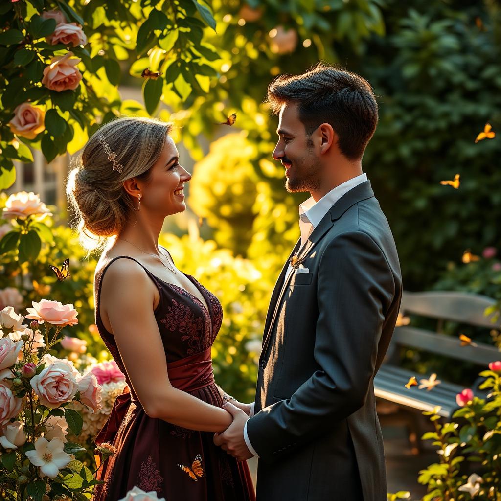 A romantic meeting in a garden, featuring a couple dressed elegantly, surrounded by blooming flowers and lush greenery