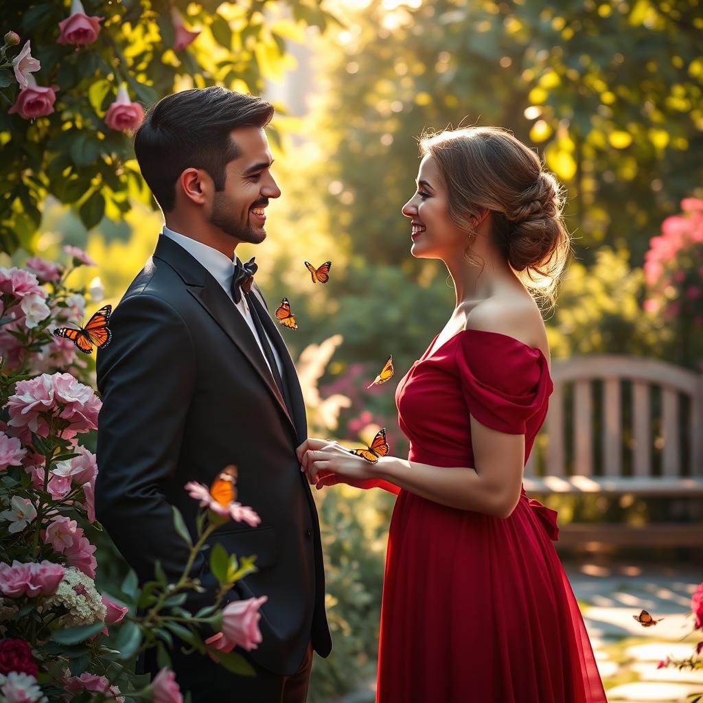 A romantic meeting in a garden, featuring a couple dressed elegantly, surrounded by blooming flowers and lush greenery