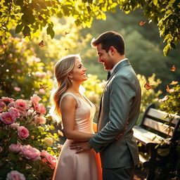 A romantic meeting in a garden, featuring a couple dressed elegantly, surrounded by blooming flowers and lush greenery