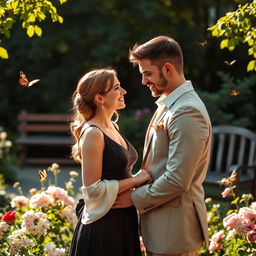 A romantic meeting in a garden, featuring a couple dressed elegantly, surrounded by blooming flowers and lush greenery