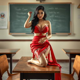 a voluptuous and sensual Thai woman with an alluring figure, delicately adorned in a muga and red mekhela chadar, featuring a tantalizing open blouse and elegant high heels