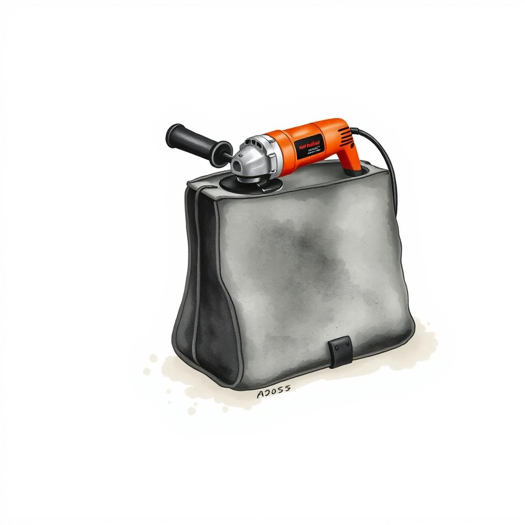 A watercolor illustration of a black bag with an angle grinder partially visible from its top, set against a blank canvas