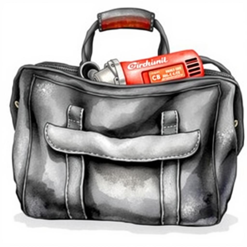 A watercolor illustration of a black bag with an angle grinder partially visible from its top, set against a blank canvas