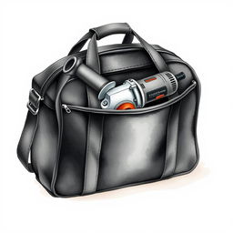 A watercolor illustration of a black bag with an angle grinder partially visible from its top, set against a blank canvas