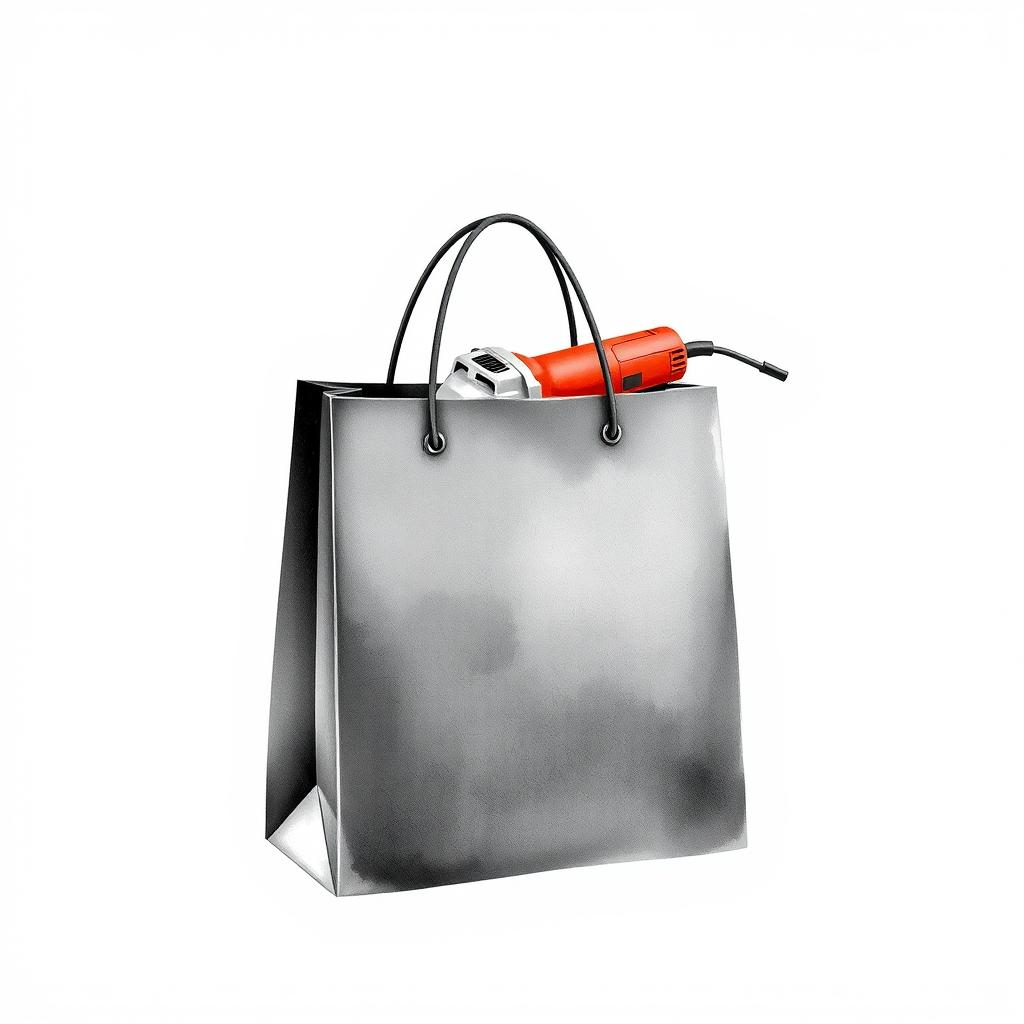 A watercolor illustration of a black shopping bag with an angle grinder partially visible from its top, set against a blank canvas