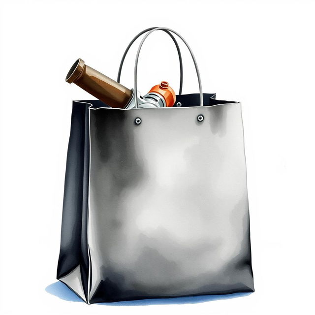 A watercolor illustration of a black shopping bag with an angle grinder partially visible from its top, set against a blank canvas