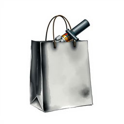 A watercolor illustration of a black shopping bag with an angle grinder partially visible from its top, set against a blank canvas