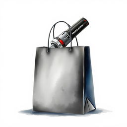 A watercolor illustration of a black shopping bag with an angle grinder partially visible from its top, set against a blank canvas