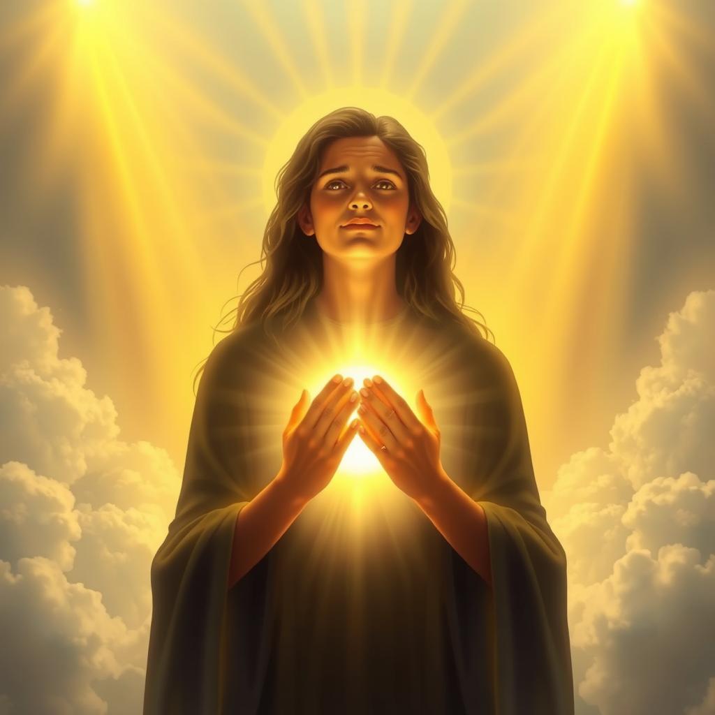 A serene and spiritual scene of a person embracing a divine light, symbolizing the essence of God