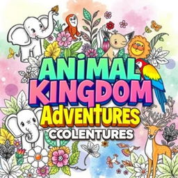 A whimsical animal theme coloring book cover featuring a variety of animals such as a playful elephant, a curious monkey, a majestic lion, a colorful parrot, and a graceful deer, all surrounded by lush foliage, flowers, and abstract patterns