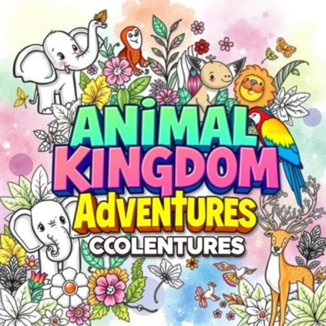 A whimsical animal theme coloring book cover featuring a variety of animals such as a playful elephant, a curious monkey, a majestic lion, a colorful parrot, and a graceful deer, all surrounded by lush foliage, flowers, and abstract patterns