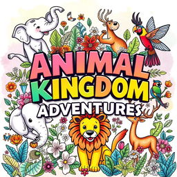 A whimsical animal theme coloring book cover featuring a variety of animals such as a playful elephant, a curious monkey, a majestic lion, a colorful parrot, and a graceful deer, all surrounded by lush foliage, flowers, and abstract patterns